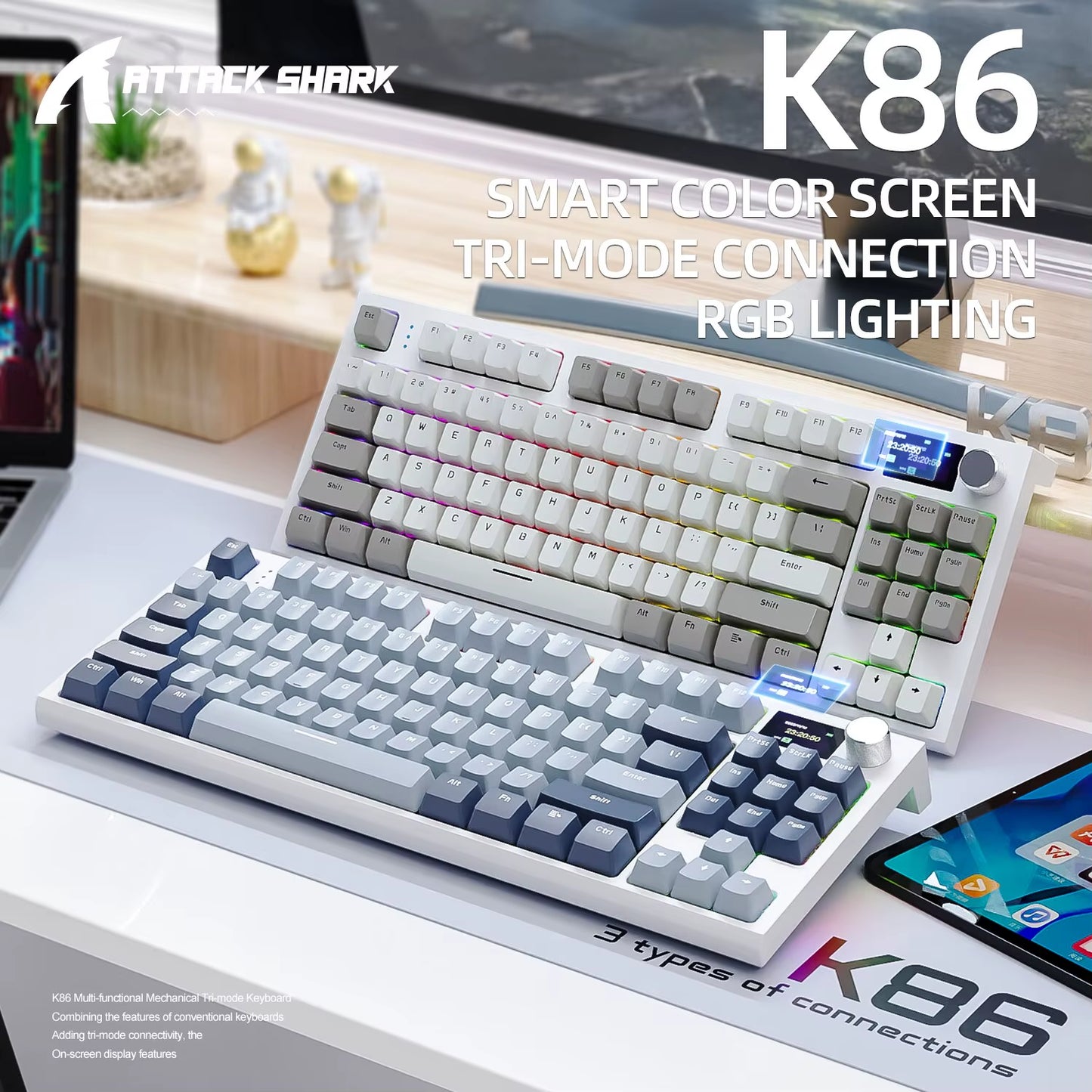 K86 Wireless Hot-Swappable Mechanical Keyboard Bluetooth/2.4G with Display Screen and Volume Rotary Button for Games and Work