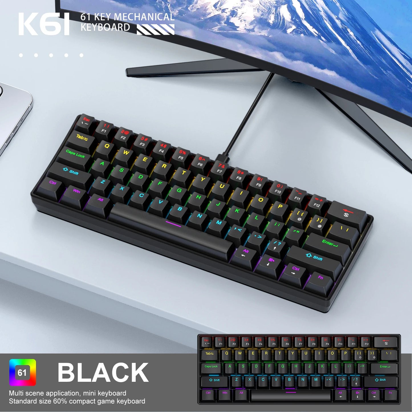 K61 60% Wired Mechanical Gaming Keyboard Phantom RGB, 61 Keys, Red/Blue Switch, Ergonomic, Portable Mini for Pc/Laptop
