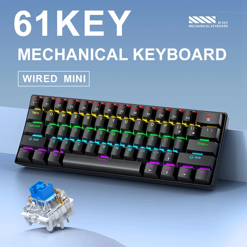 K61 60% Wired Mechanical Gaming Keyboard Phantom RGB, 61 Keys, Red/Blue Switch, Ergonomic, Portable Mini for Pc/Laptop