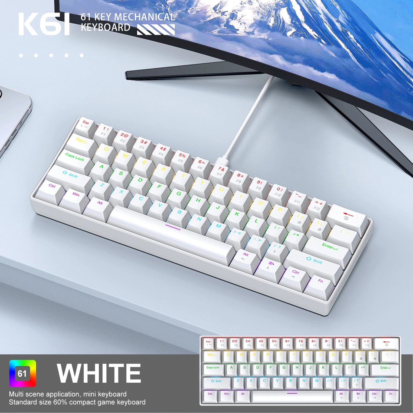 K61 60% Wired Mechanical Gaming Keyboard Phantom RGB, 61 Keys, Red/Blue Switch, Ergonomic, Portable Mini for Pc/Laptop
