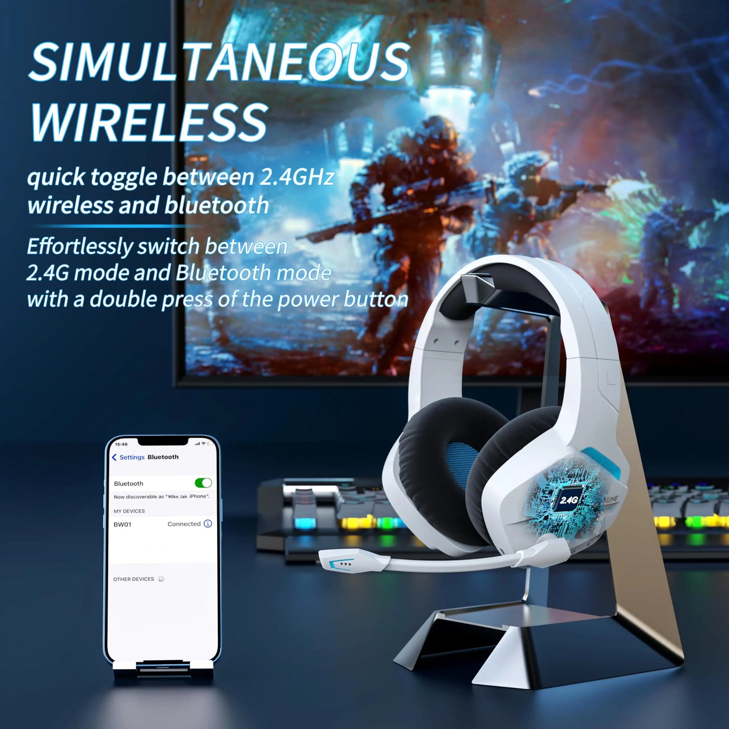 BW01 Wireless Gaming Headset for PC PS4 PS5 Playstation 4 5, 2.4G Wireless Bluetooth USB Gamer Headphones with Mic
