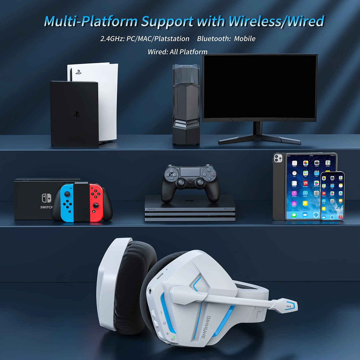 BW01 Wireless Gaming Headset for PC PS4 PS5 Playstation 4 5, 2.4G Wireless Bluetooth USB Gamer Headphones with Mic