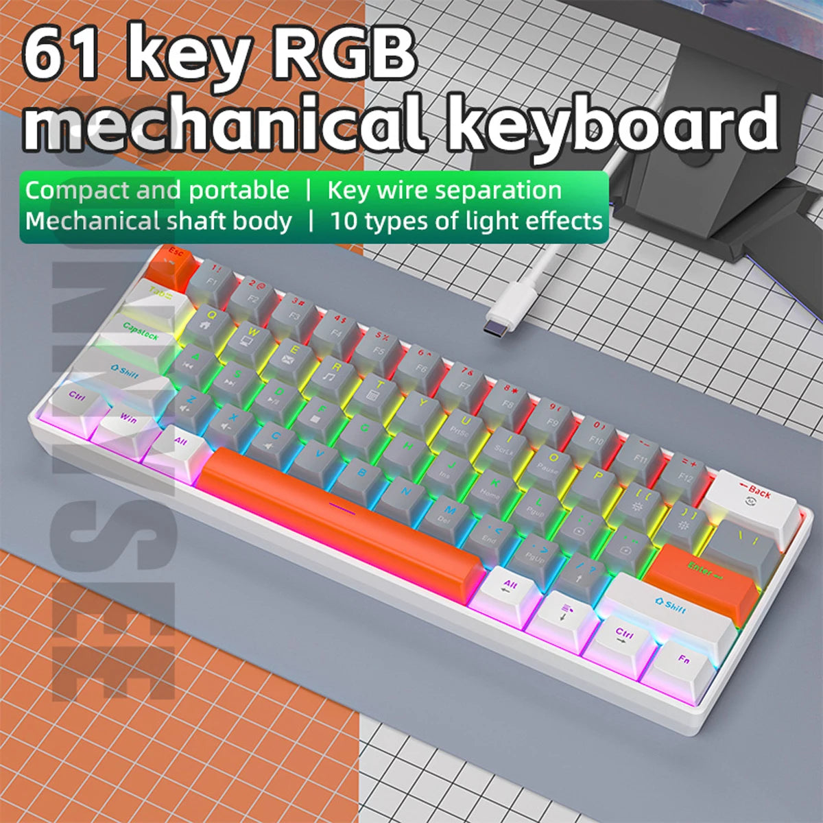 K61 Wired Mechanical Keyboard 10 Kinds of Colorful Lighting Gaming and Office for Microsoft Windows and Apple IOS System