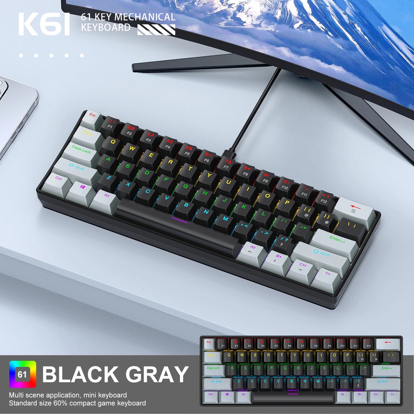 K61 60% Wired Mechanical Gaming Keyboard Phantom RGB, 61 Keys, Red/Blue Switch, Ergonomic, Portable Mini for Pc/Laptop