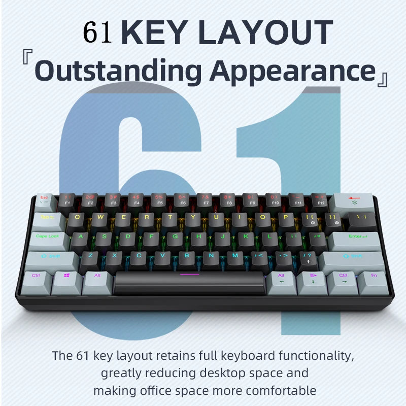 K61 60% Wired Mechanical Gaming Keyboard Phantom RGB, 61 Keys, Red/Blue Switch, Ergonomic, Portable Mini for Pc/Laptop