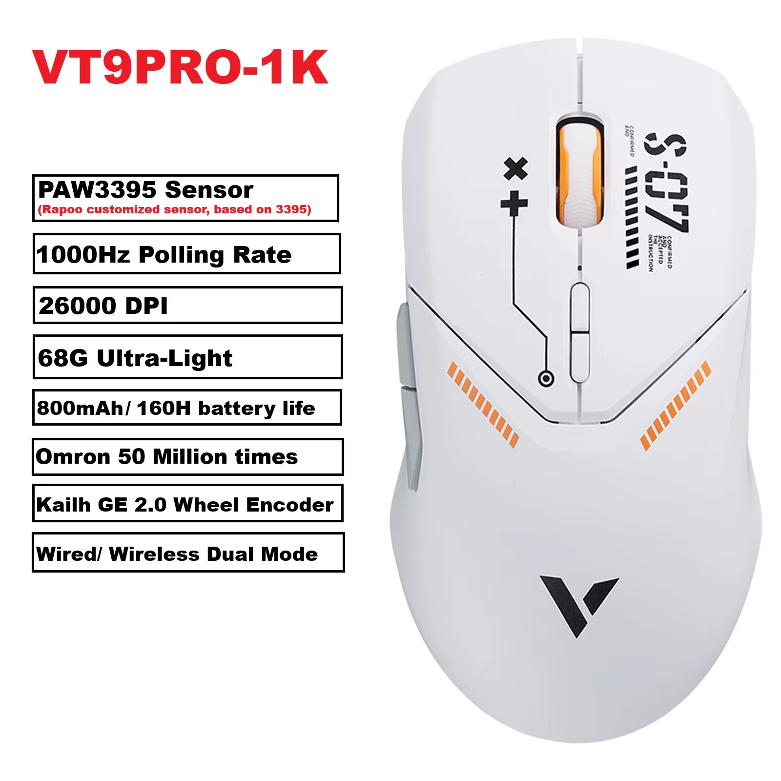 VT9PRO PAW3398 Wireless Gaming Mouse 26000DPI 68G Lightweight Wired Wireless Mouse 160H Super Long Battery Life