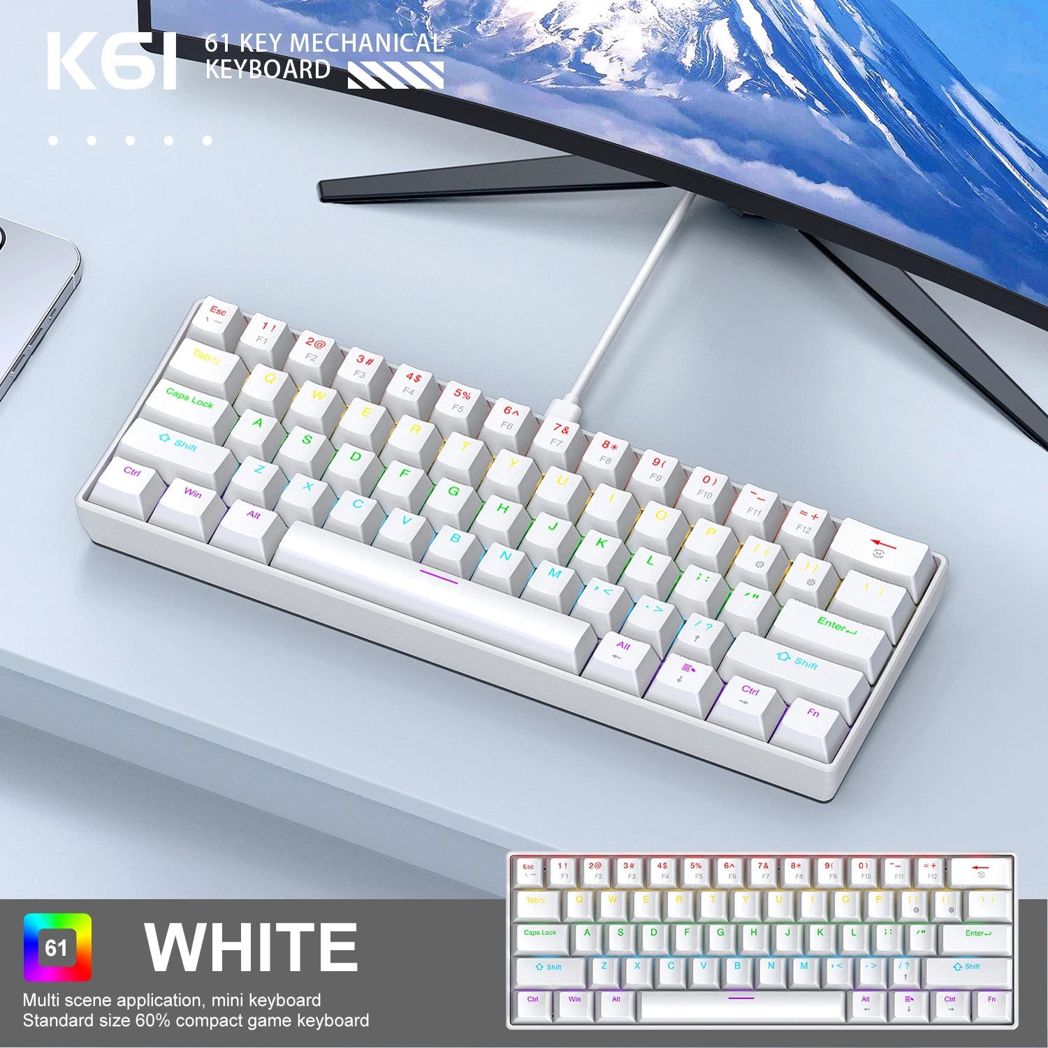 K61 60% Wired Mechanical Gaming Keyboard Phantom RGB, 61 Keys, Red/Blue Switch, Ergonomic, Portable Mini for Pc/Laptop
