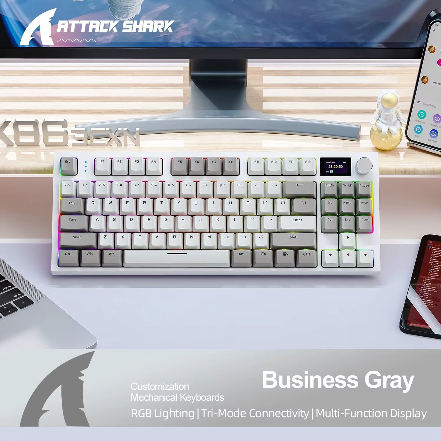 K86 Wireless Hot-Swappable Mechanical Keyboard Bluetooth/2.4G with Display Screen and Volume Rotary Button for Games and Work