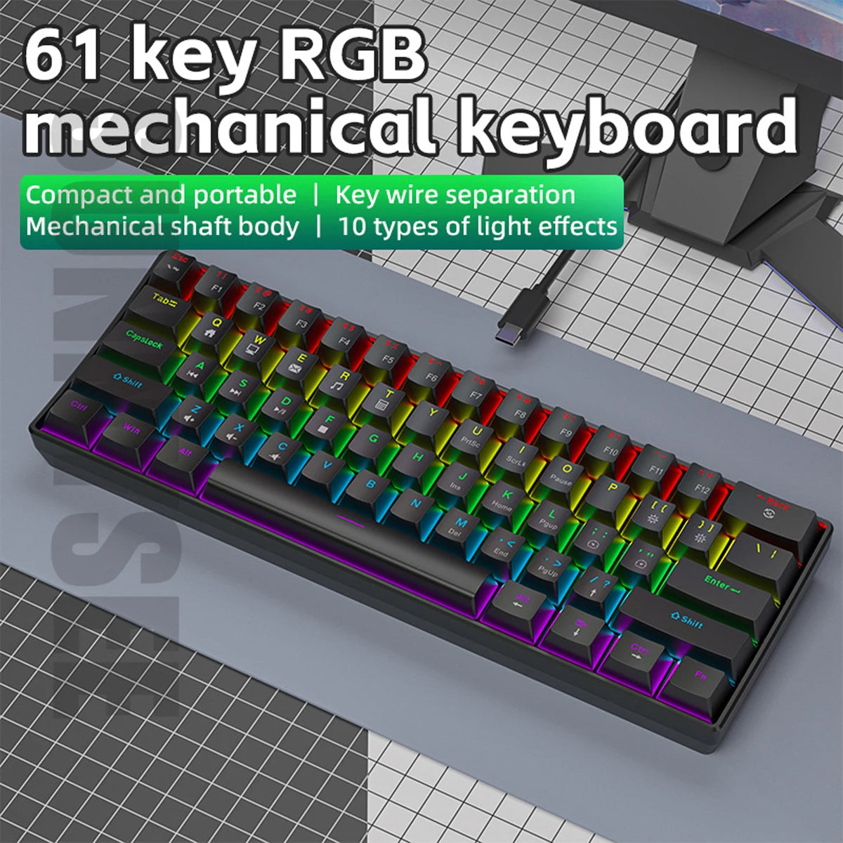 K61 Wired Mechanical Keyboard 10 Kinds of Colorful Lighting Gaming and Office for Microsoft Windows and Apple IOS System