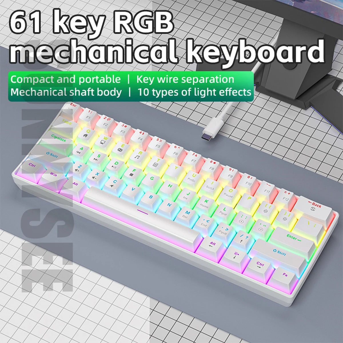 K61 Wired Mechanical Keyboard 10 Kinds of Colorful Lighting Gaming and Office for Microsoft Windows and Apple IOS System