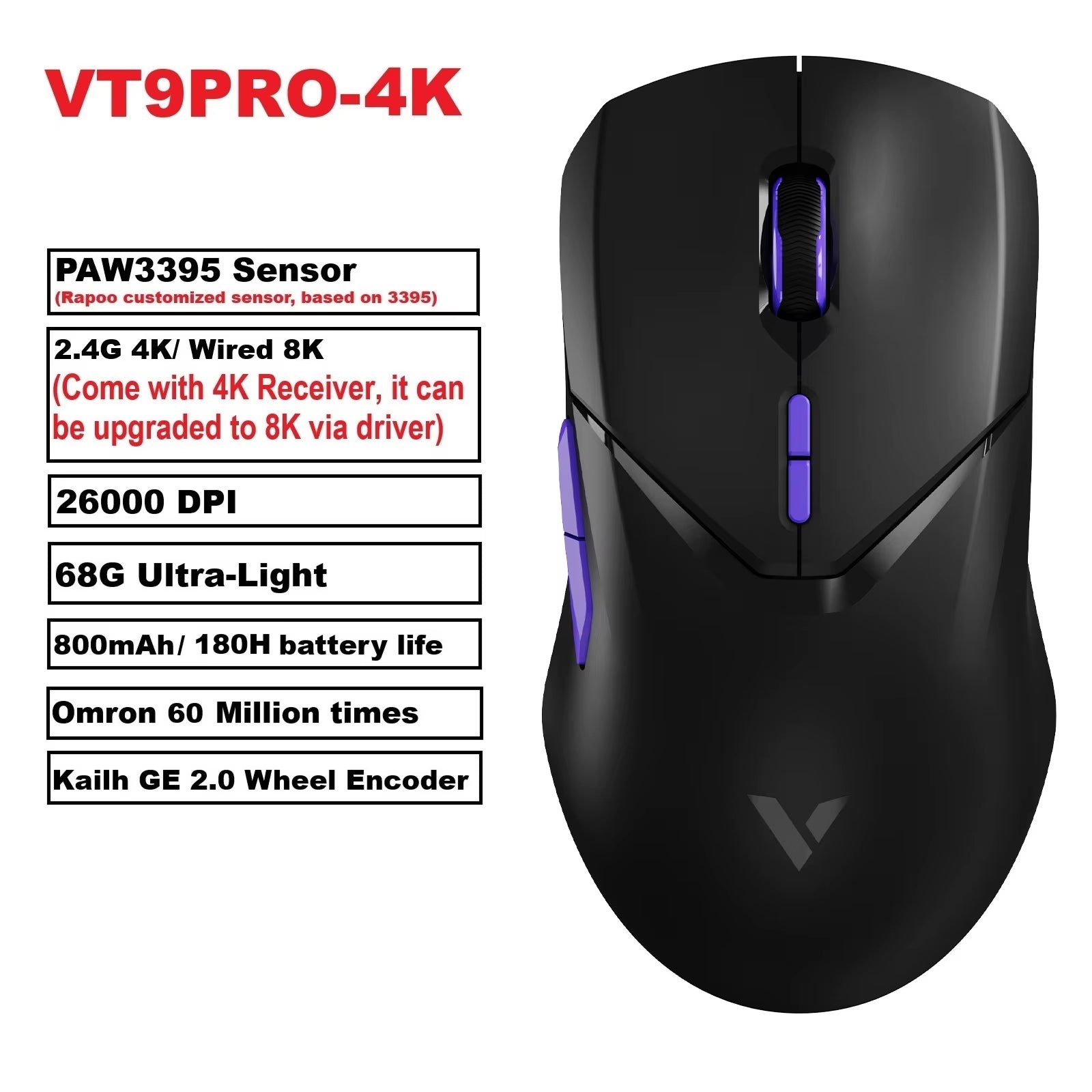 VT9PRO PAW3398 Wireless Gaming Mouse 26000DPI 68G Lightweight Wired Wireless Mouse 160H Super Long Battery Life