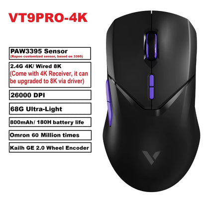 VT9PRO PAW3398 Wireless Gaming Mouse 26000DPI 68G Lightweight Wired Wireless Mouse 160H Super Long Battery Life